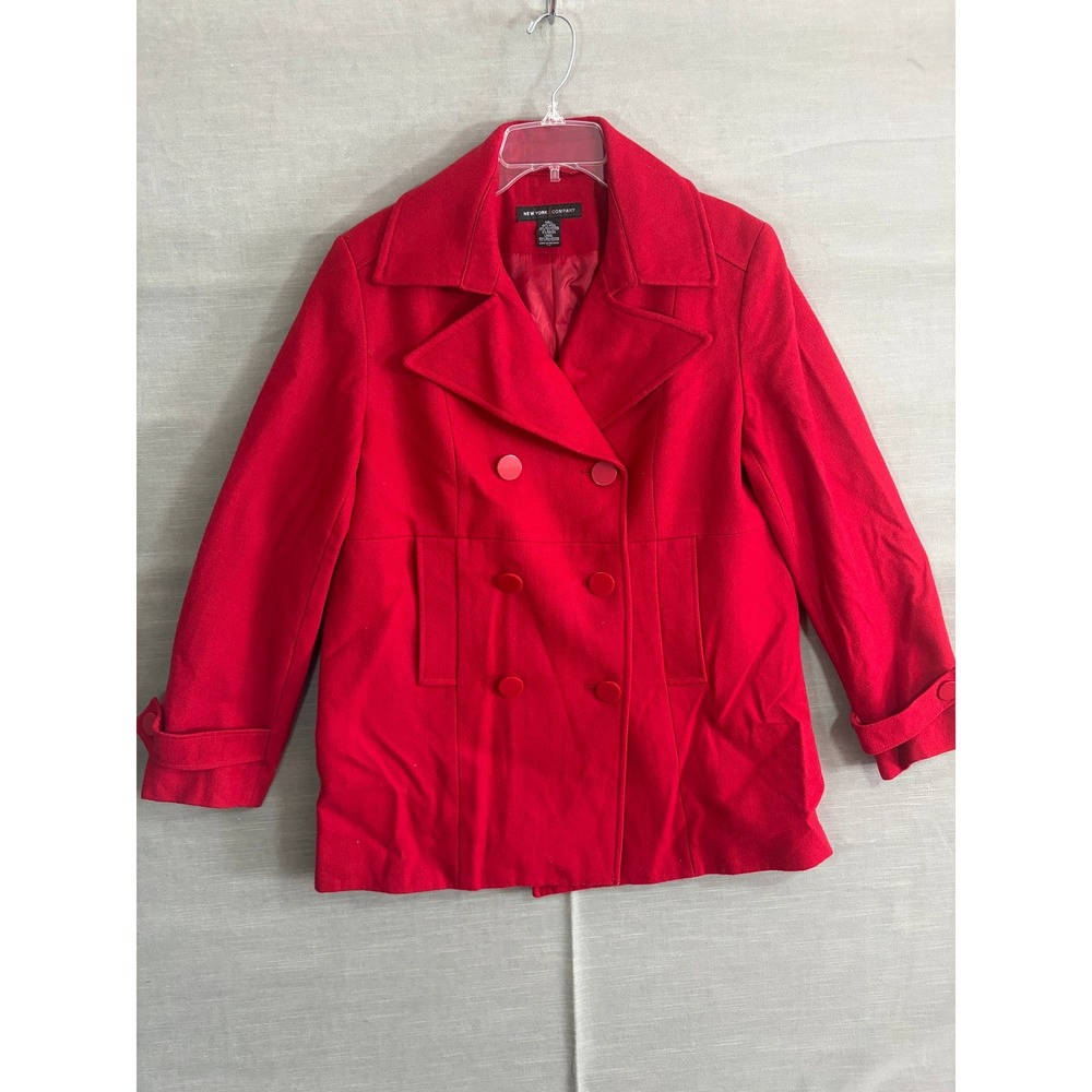 New York & Company Red Wool Blend Peacoat Y2K Retro Style Double Breasted Coat - Picture 2 of 7